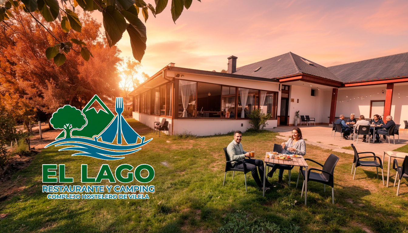 Zona Chill del Restaurante El Lago con el logotipo del Complejo hostelero