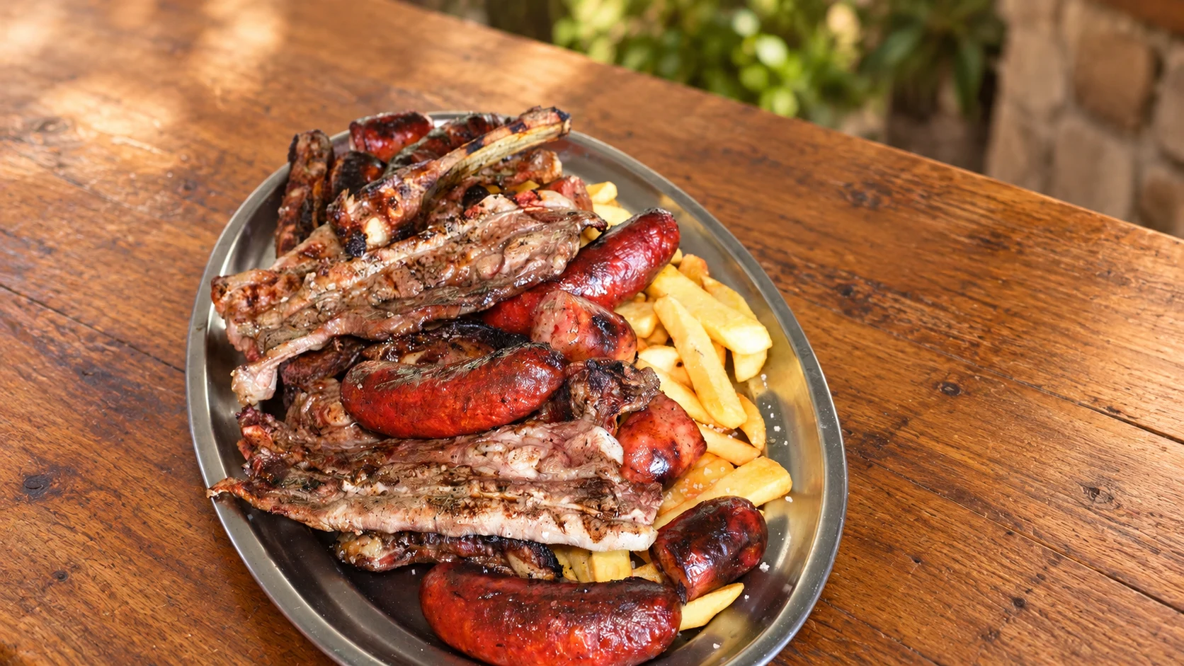Parrillada de carnes y chorizos con patatas servida en el restaurante El Lago